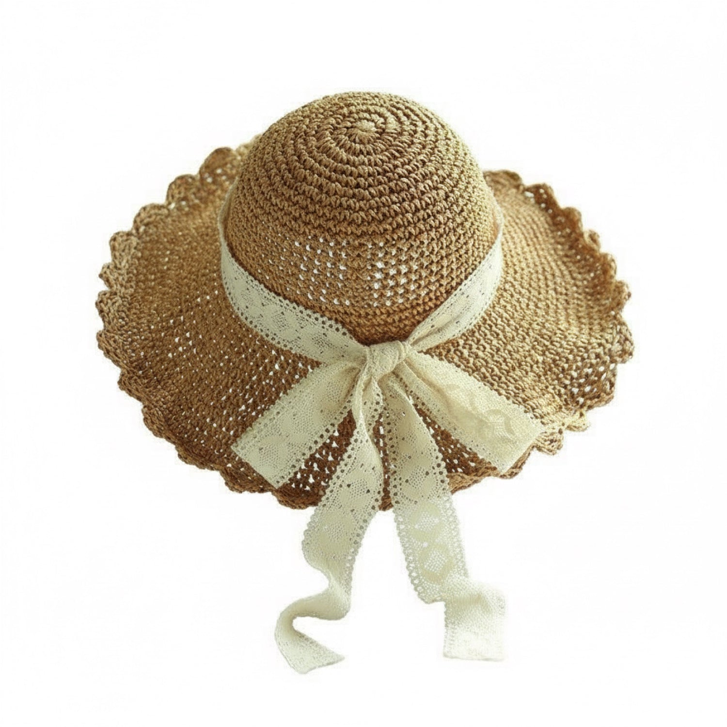 Brown scalloped straw sun hat with lace bow ribbon, front view on white background
