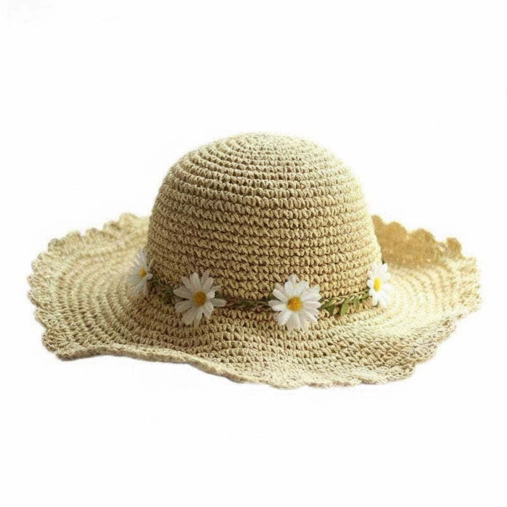 Daisy Straw Sun Hat for Women - Wide Scalloped Brim with White Daisy Garland - Natural Beige - Adult Size