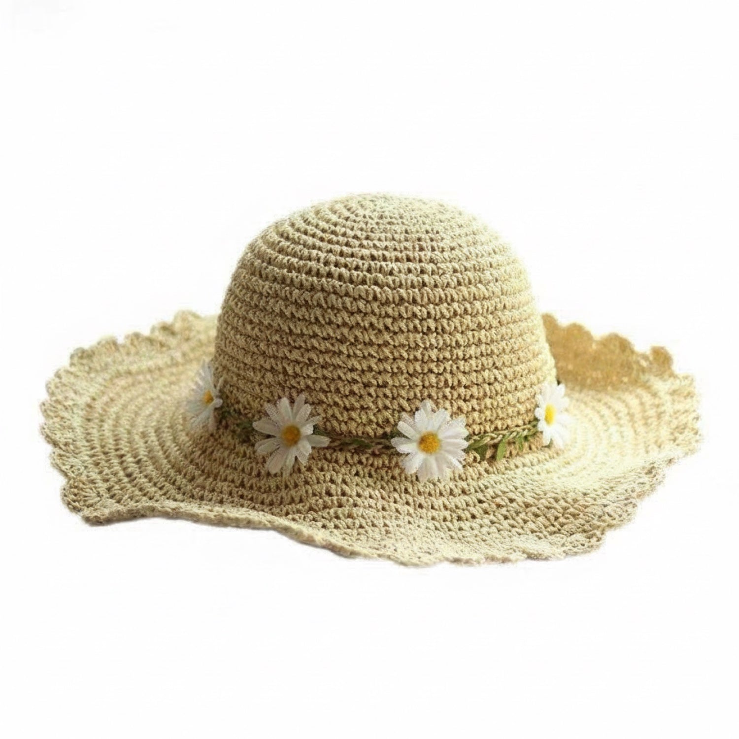 Daisy Straw Sun Hat for Women - Wide Scalloped Brim with White Daisy Garland - Natural Beige - Adult Size