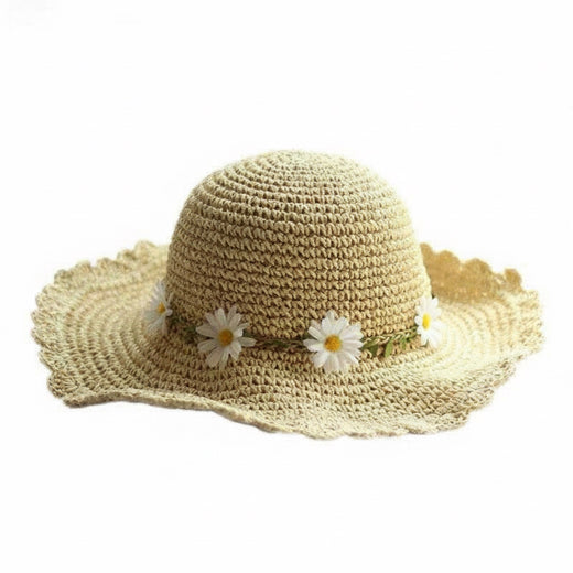 Daisy Straw Sun Hat for Women - Wide Scalloped Brim with White Daisy Garland - Natural Beige - Adult Size