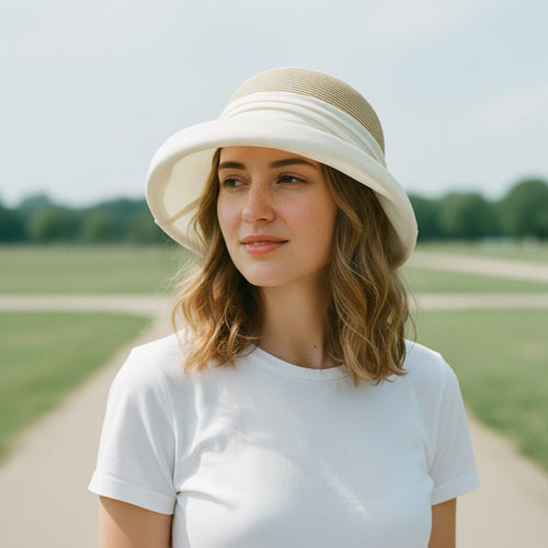 Straw Linen Sun Hat - Three Quarter View on Model