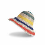 Rainbow stripe straw bucket hat - side view showing colourful stripes