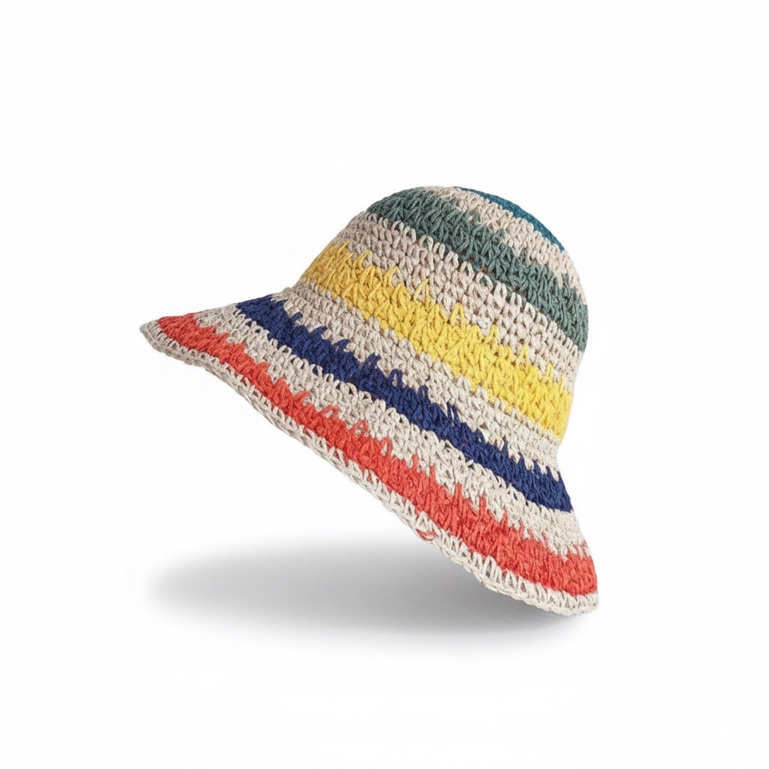 Rainbow stripe straw bucket hat - side view showing colourful stripes