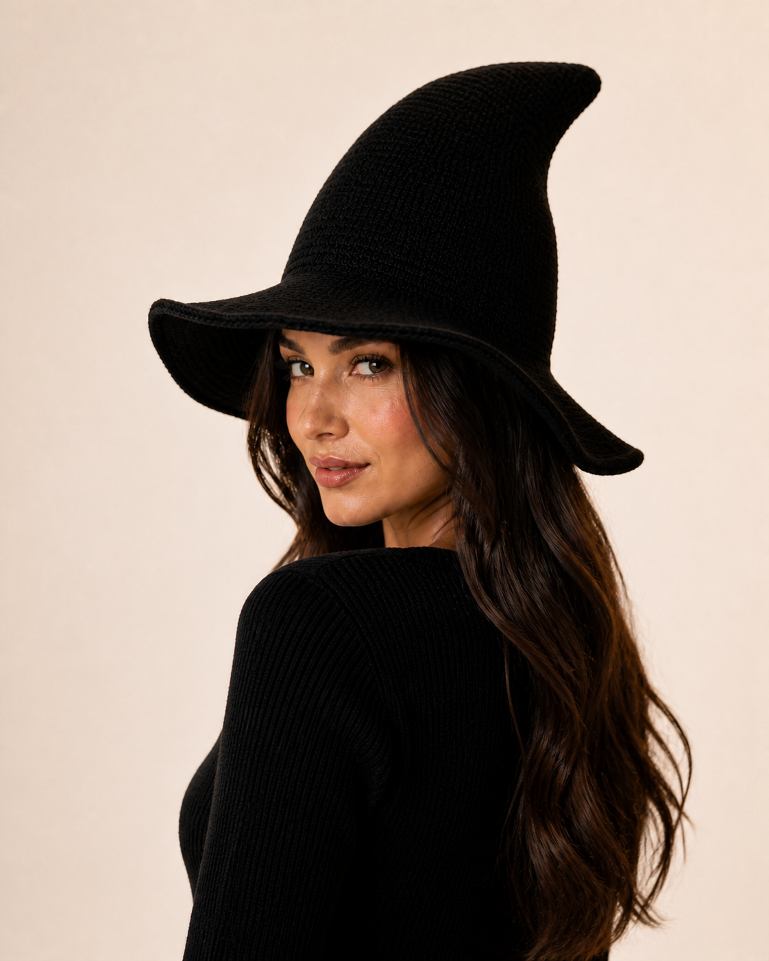 Knitted Halloween Witch Hat for Adults – Wool Blend, Wide Brim