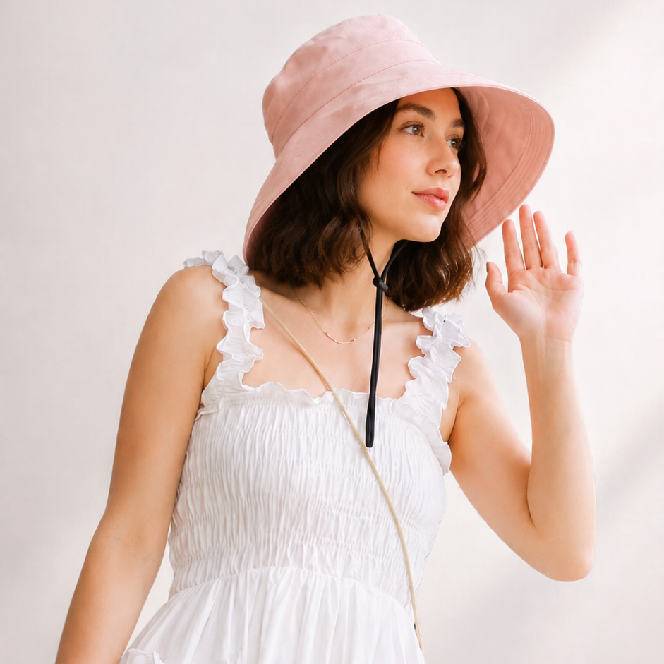 Woman wearing a pink bucket hat against a plain background