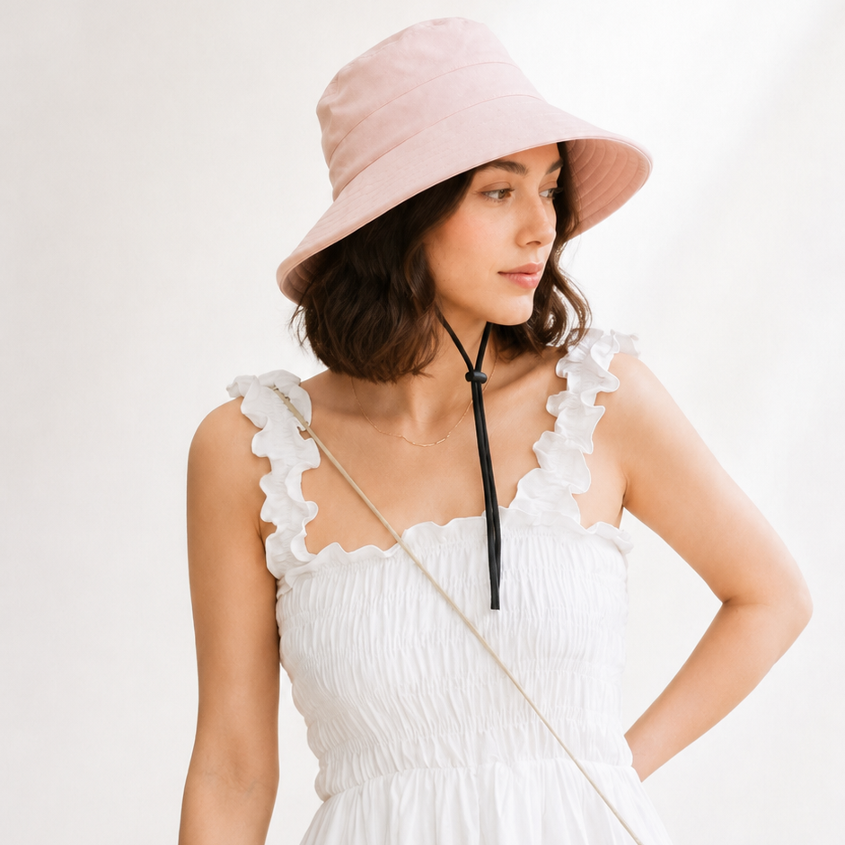Woman wearing a white dress and pink bucket hat on a white background