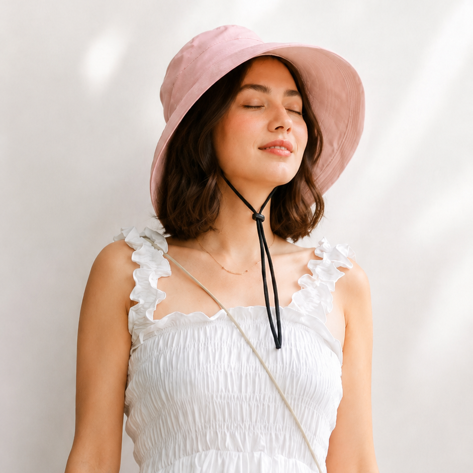 Woman wearing a pink hat and white dress against a light background