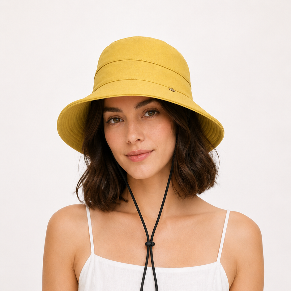 Woman wearing a yellow bucket hat and white dress on a plain background