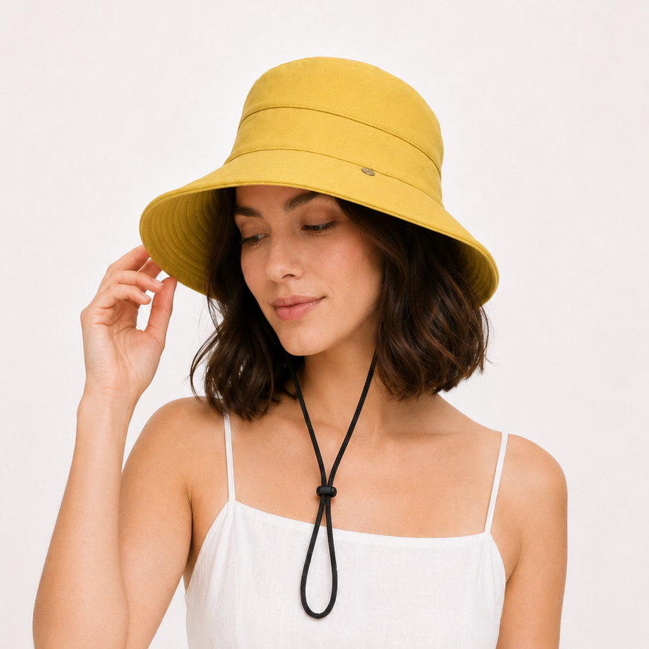 Woman wearing a yellow bucket hat and white dress on a white background