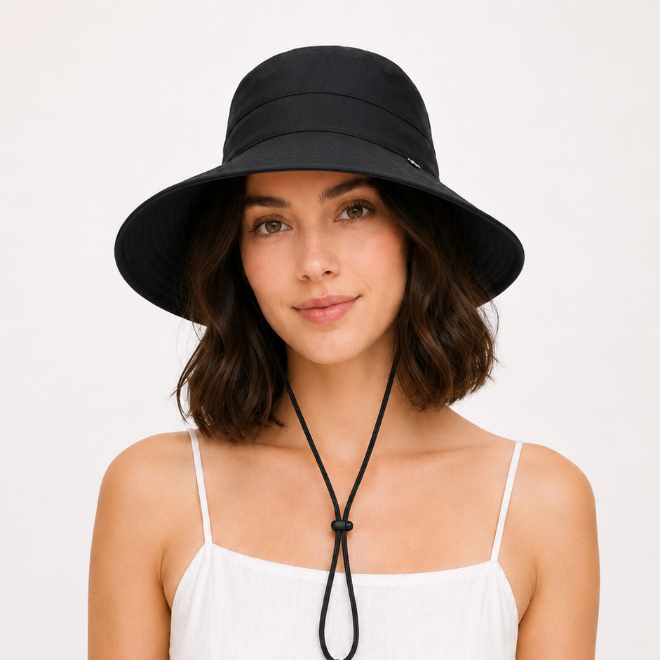 Woman wearing a black sun hat and white dress on a plain background