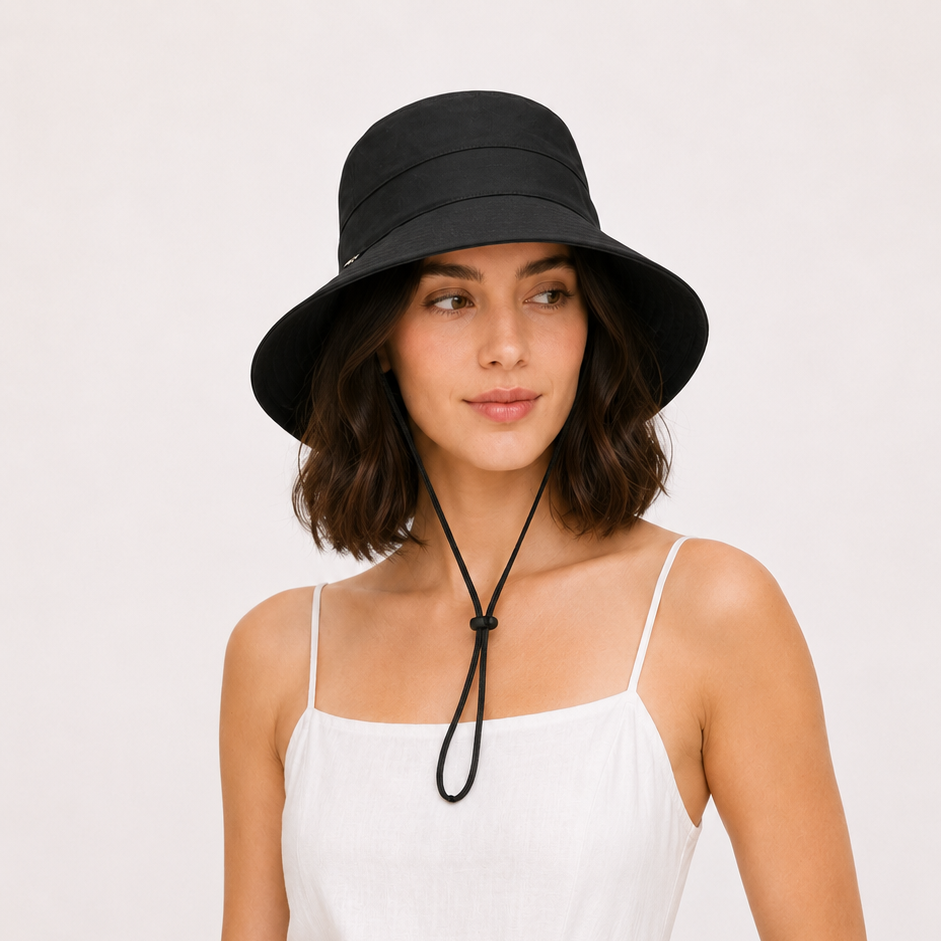 Women's Cotton Bucket Sun Hat with Chin Strap — Wide Brim UPF 50+