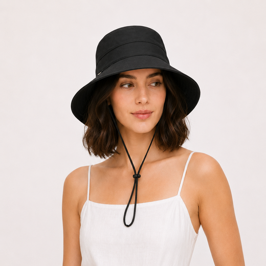 Women's Cotton Bucket Sun Hat with Chin Strap — Wide Brim UPF 50+