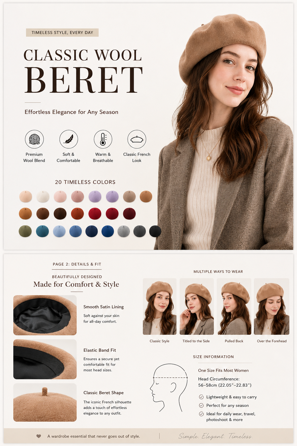Wool Beret for Large Heads