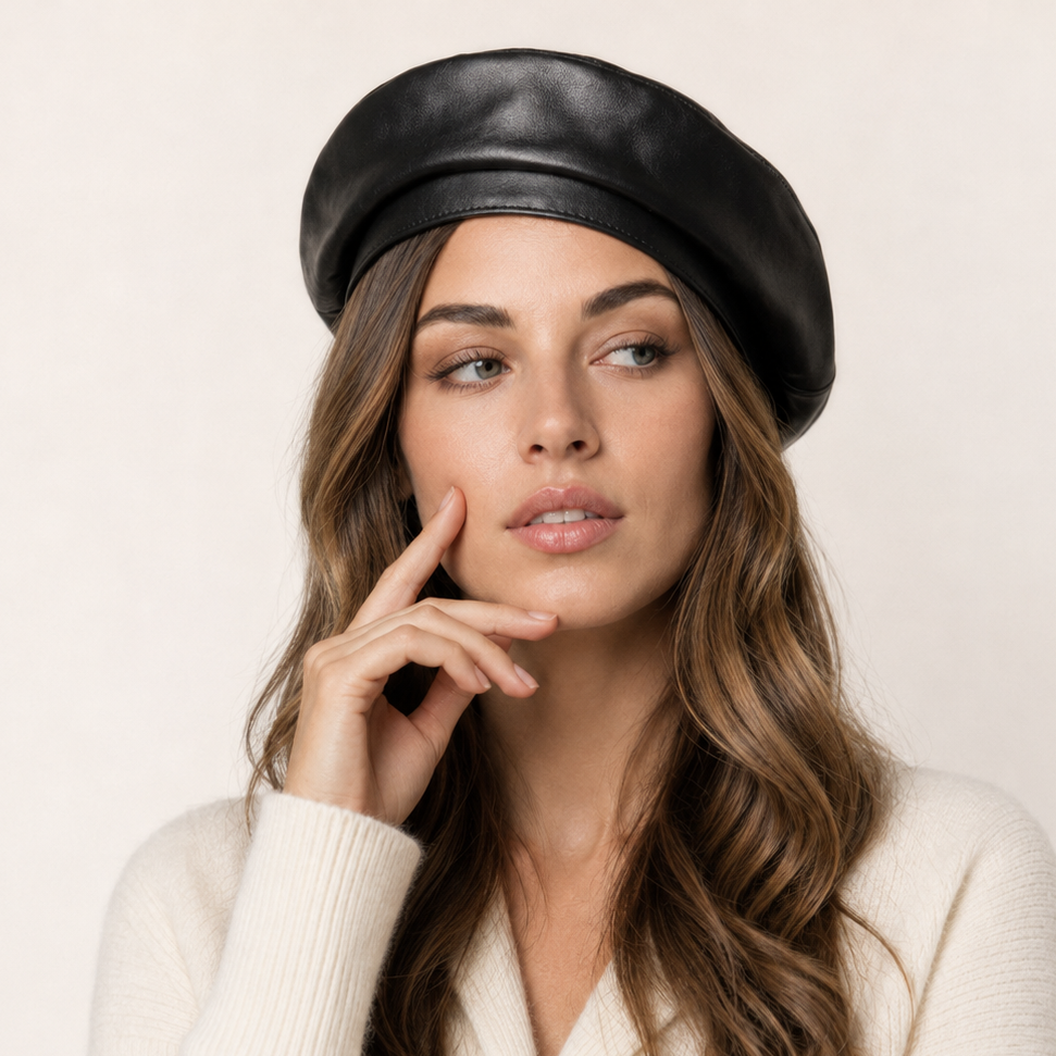 Genuine Leather French Beret - Beige