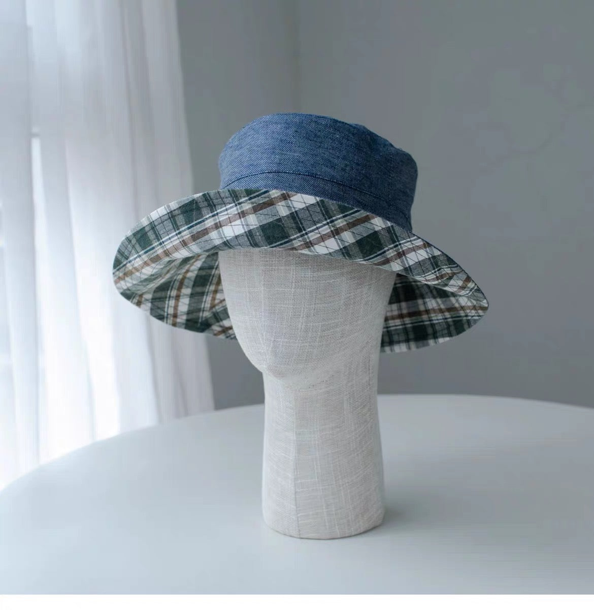 Reversible Linen Bucket Hat for Women – Green Check