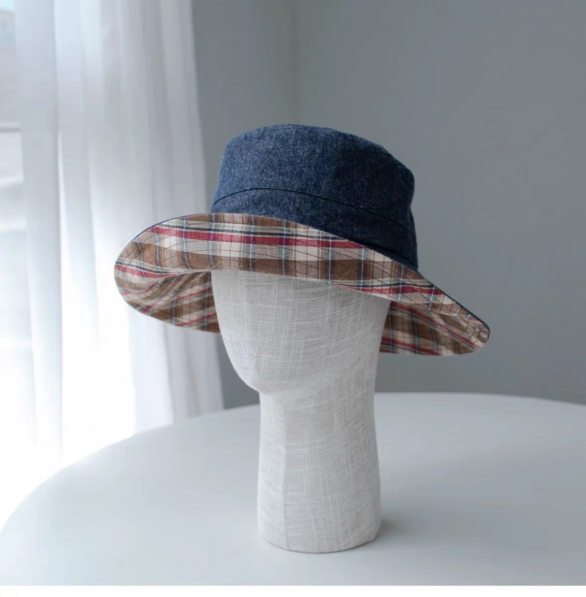 Reversible Linen Bucket Hat for Women – Brown Check