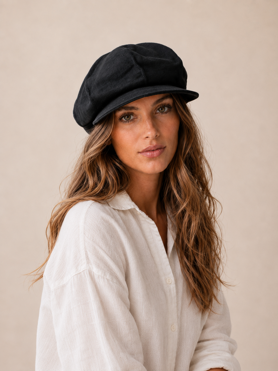 Linen Slouchy Newsboy Hat Unisex - Custom Size – Black