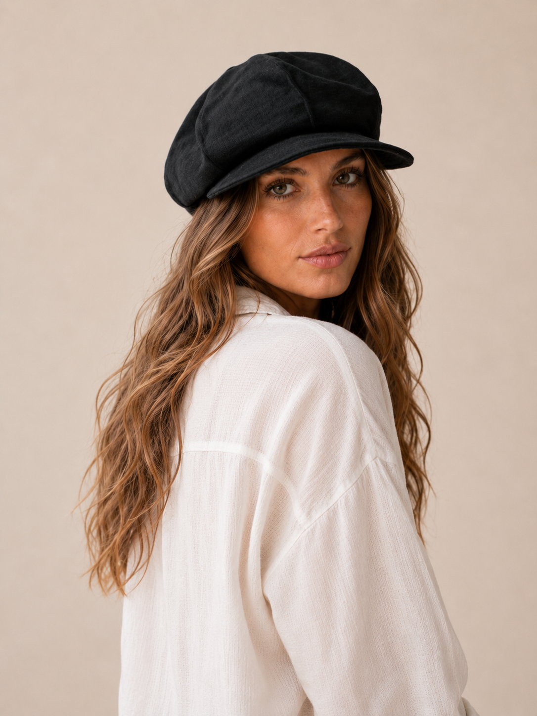 Linen Slouchy Newsboy Hat Unisex - Custom Size – Black
