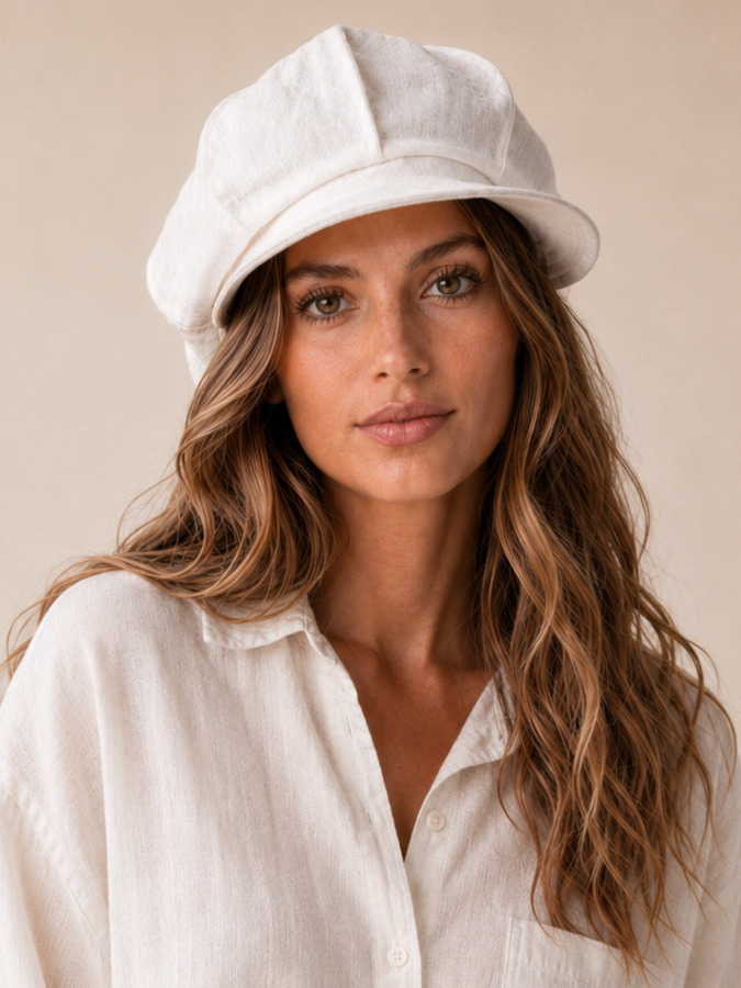 Linen Slouchy Newsboy Hat Unisex - Custom Size – White