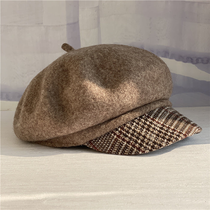 Premium Australian Wool Newsboy Cap - Mocha with Plaid Brim Mspineapplecrafts