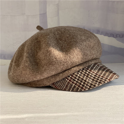 Premium Australian Wool Newsboy Cap - Mocha with Plaid Brim Mspineapplecrafts