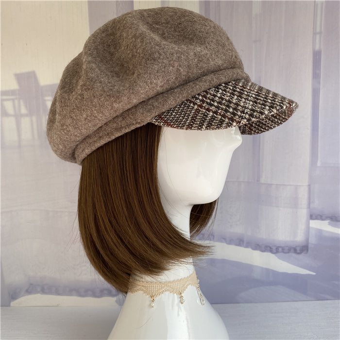 Premium Australian Wool Newsboy Cap - Mocha with Plaid Brim Mspineapplecrafts