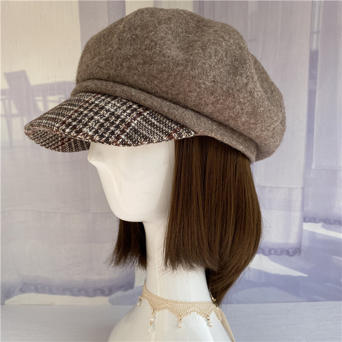 Premium Australian Wool Newsboy Cap - Mocha with Plaid Brim Mspineapplecrafts