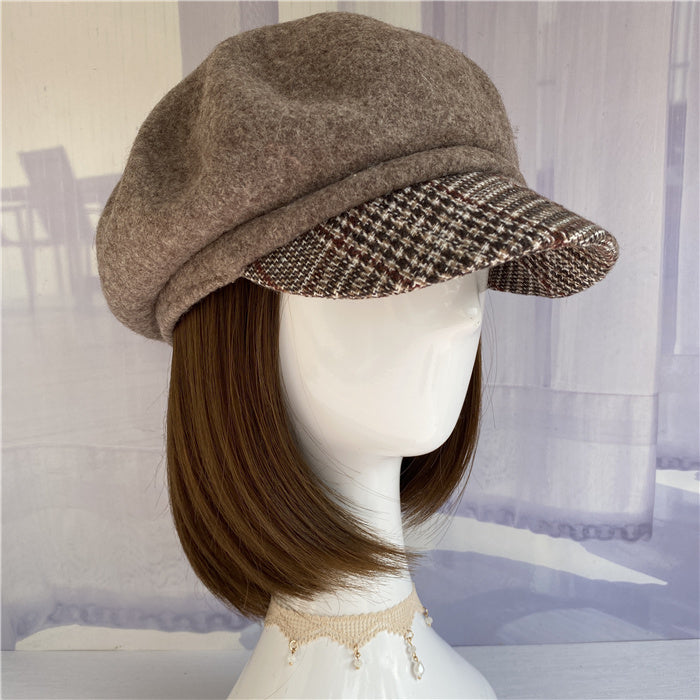 Premium Australian Wool Newsboy Cap - Mocha with Plaid Brim Mspineapplecrafts
