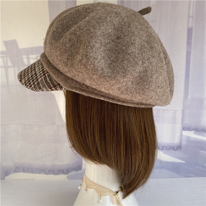 Premium Australian Wool Newsboy Cap - Mocha with Plaid Brim Mspineapplecrafts
