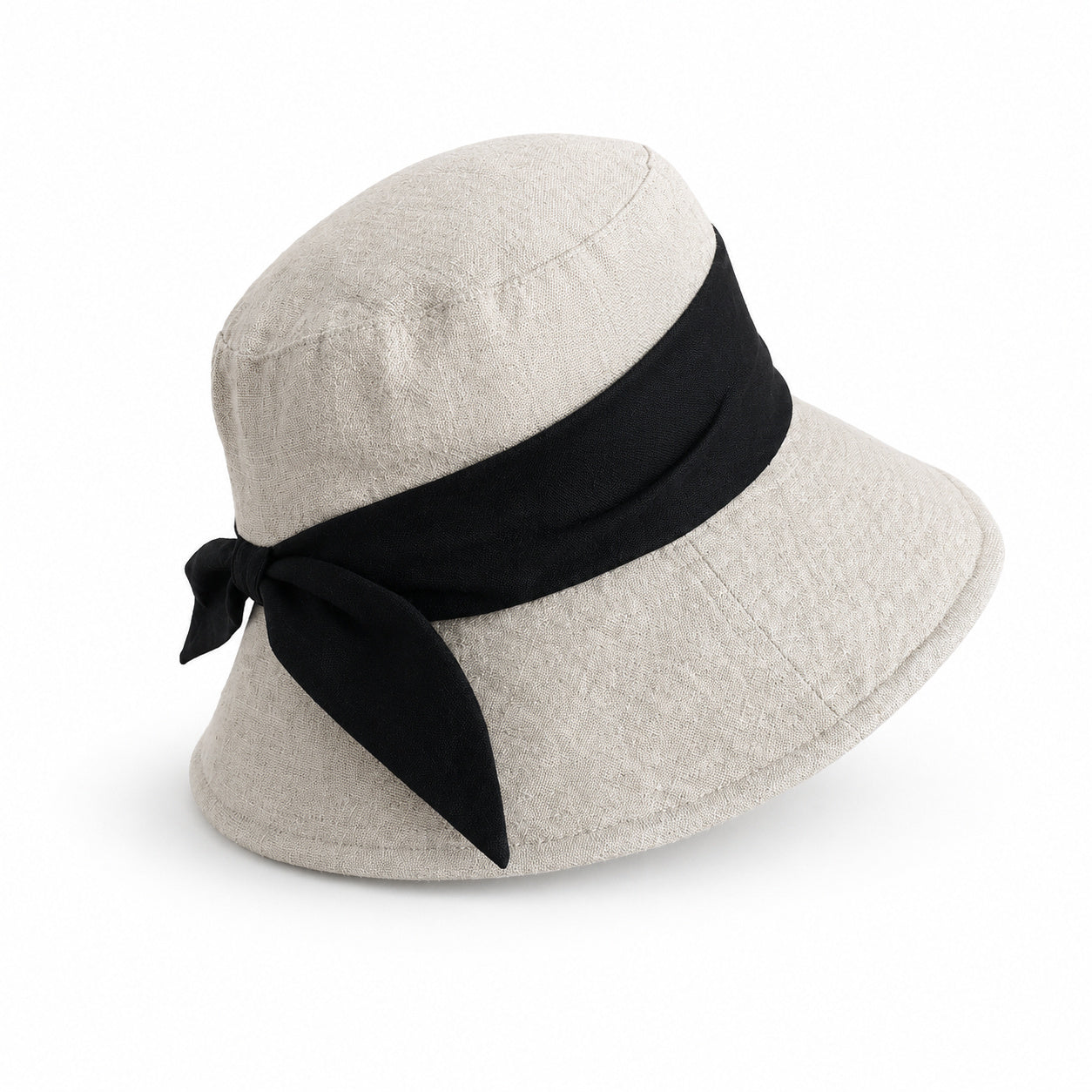 Cotton linen wide-brim bucket hat with black bow, natural flax body, UPF 50+ sun hat