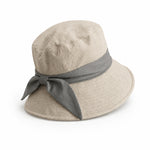 Cotton linen wide-brim bucket hat with grey bow, natural flax body, UPF 50+ sun hat