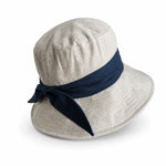 Cotton linen wide-brim bucket hat with navy bow, natural flax body, UPF 50+ sun hat