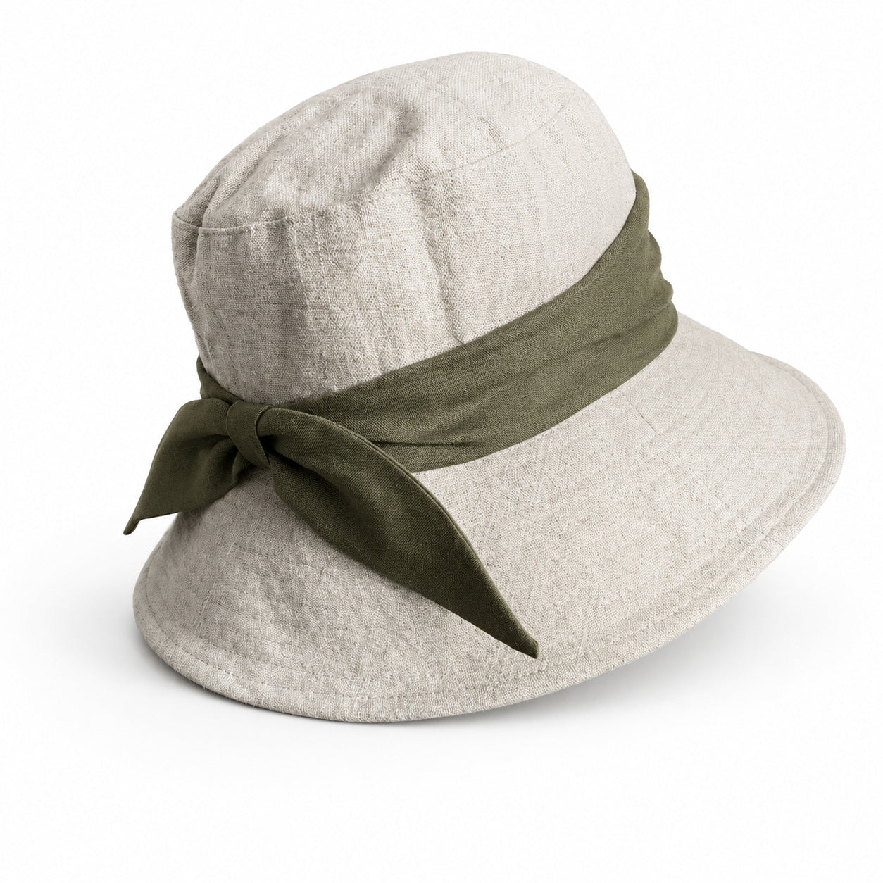 Cotton linen wide-brim bucket hat with matcha green bow, natural flax body, UPF 50+ sun hat