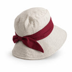 Cotton linen wide-brim bucket hat with red bow, natural flax body, UPF 50+ sun hat