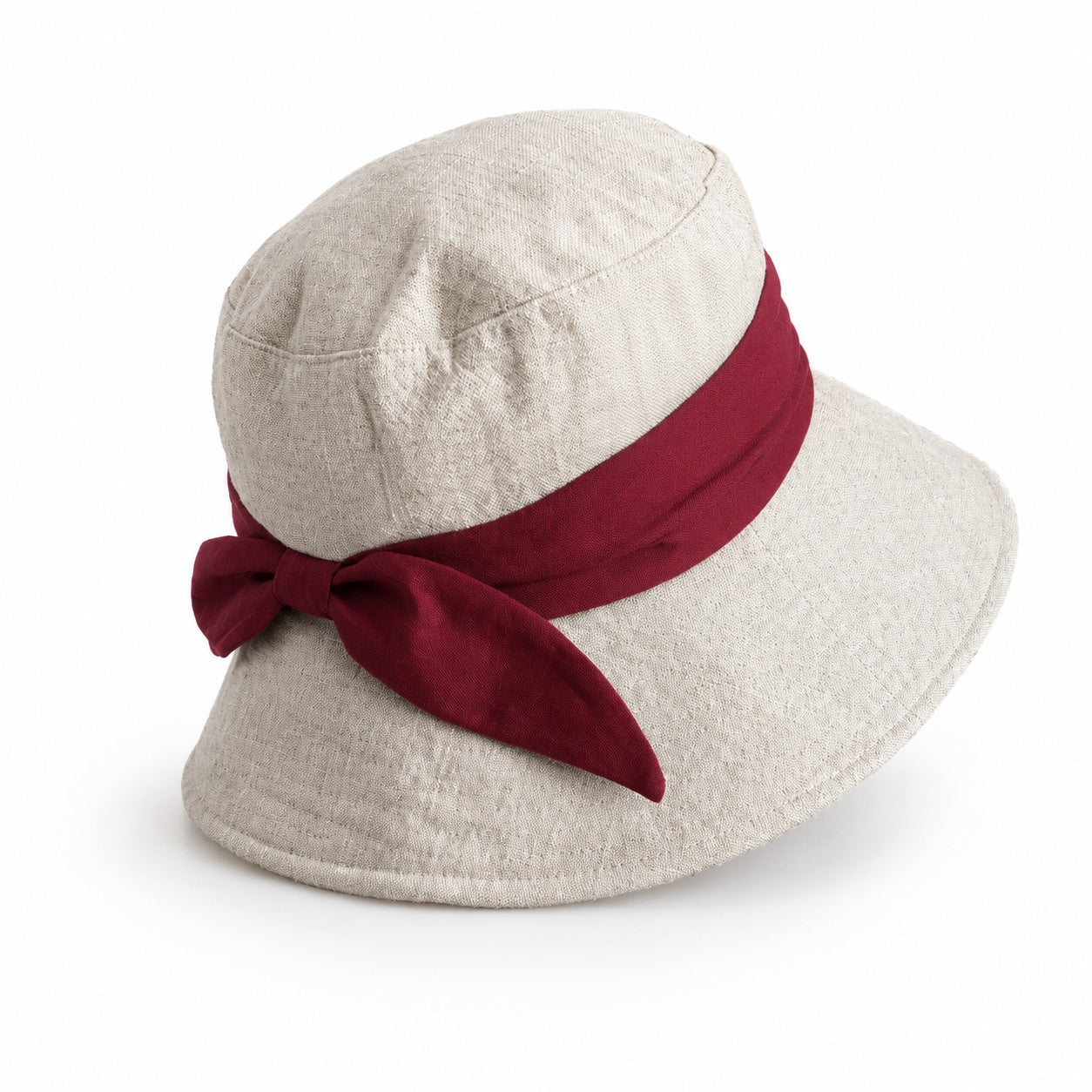 Cotton linen wide-brim bucket hat with red bow, natural flax body, UPF 50+ sun hat