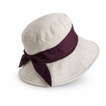 Cotton linen wide-brim bucket hat with plum bow, natural flax body, UPF 50+ sun hat
