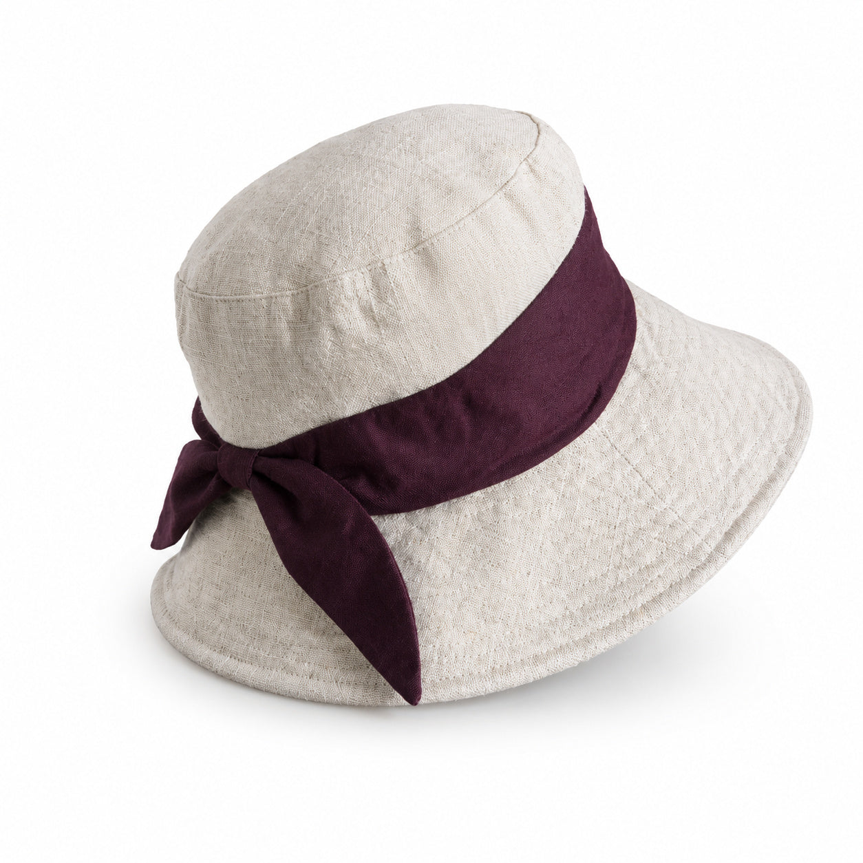 Cotton linen wide-brim bucket hat with plum bow, natural flax body, UPF 50+ sun hat