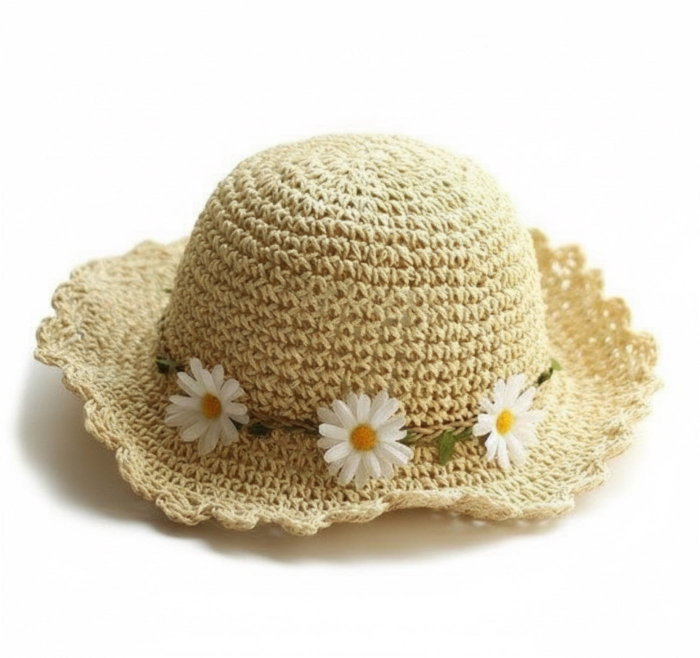 Daisy Straw Sun Hat for Girls - Wide Scalloped Brim with Daisy Garland - Natural Beige - Kid Size