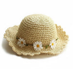 Daisy Straw Sun Hat for Girls - Wide Scalloped Brim with Daisy Garland - Natural Beige - Kid Size