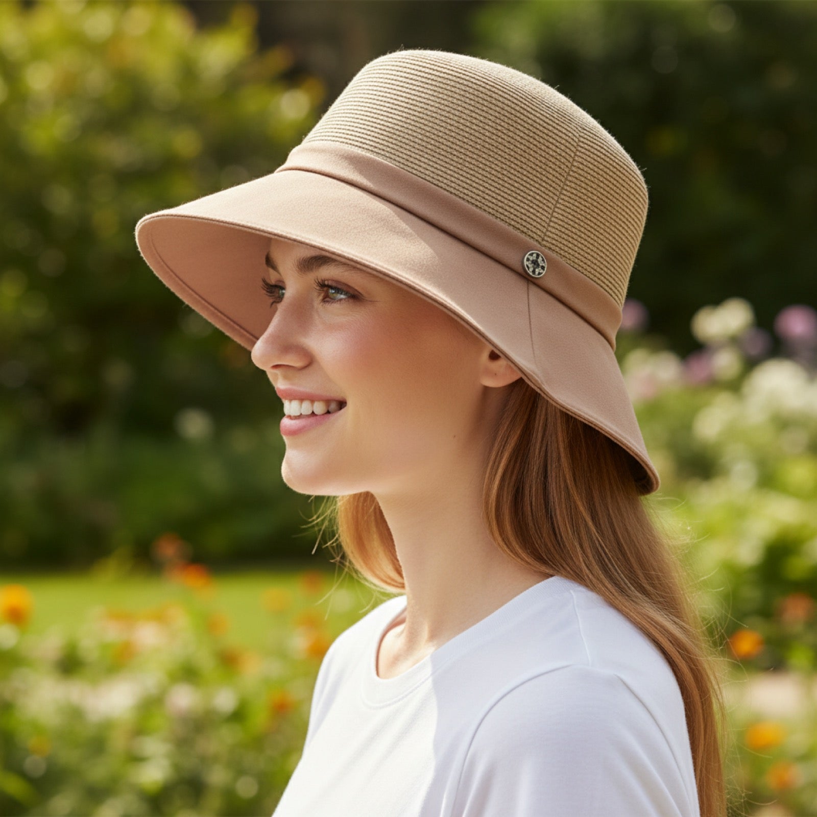 Woman wearing Straw Bucket Hat with Linen Band, side view in garden