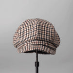 Plaid cotton newsboy cap in brown houndstooth — baker boy hat, apple jack hat style, adjustable unisex spring headwear