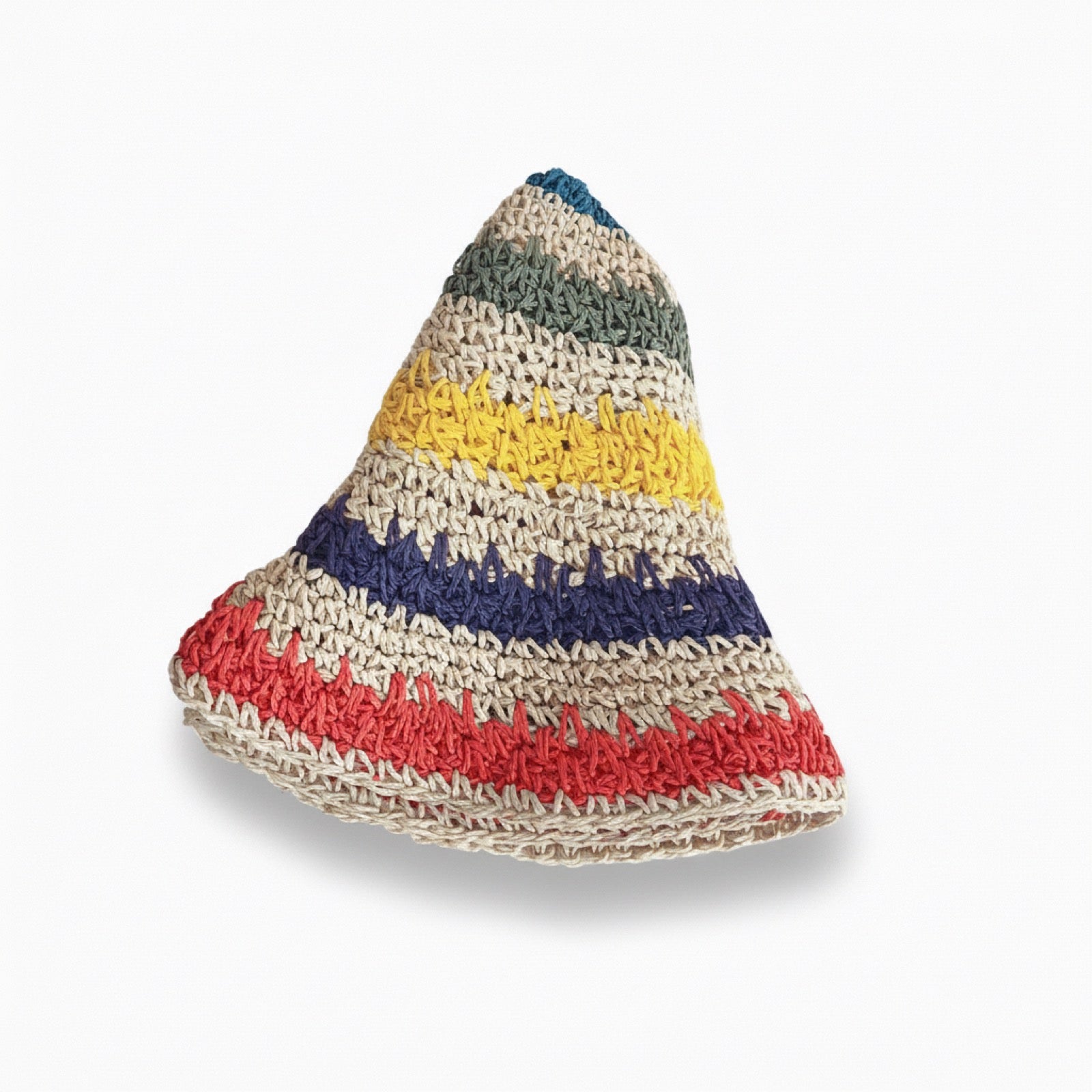 Rainbow stripe straw hat top-down view on white background