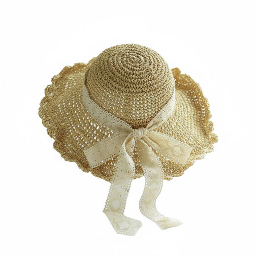 Beige scalloped straw sun hat with lace bow ribbon, front view on white background