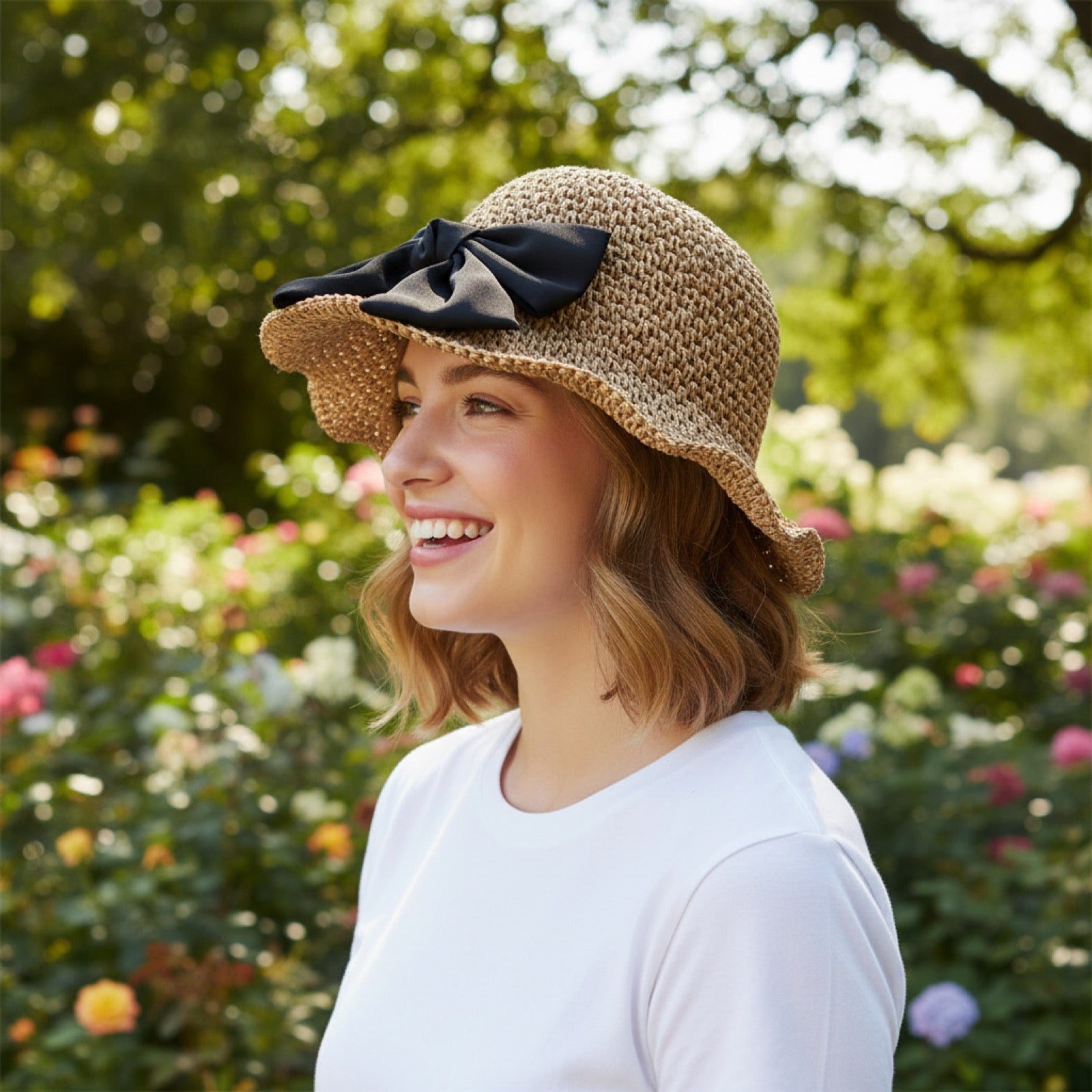 Woman wearing straw sun hat with bow, side profile view, garden background