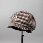 Plaid cotton newsboy cap in brown houndstooth — baker boy hat, apple jack hat style, adjustable unisex spring headwear