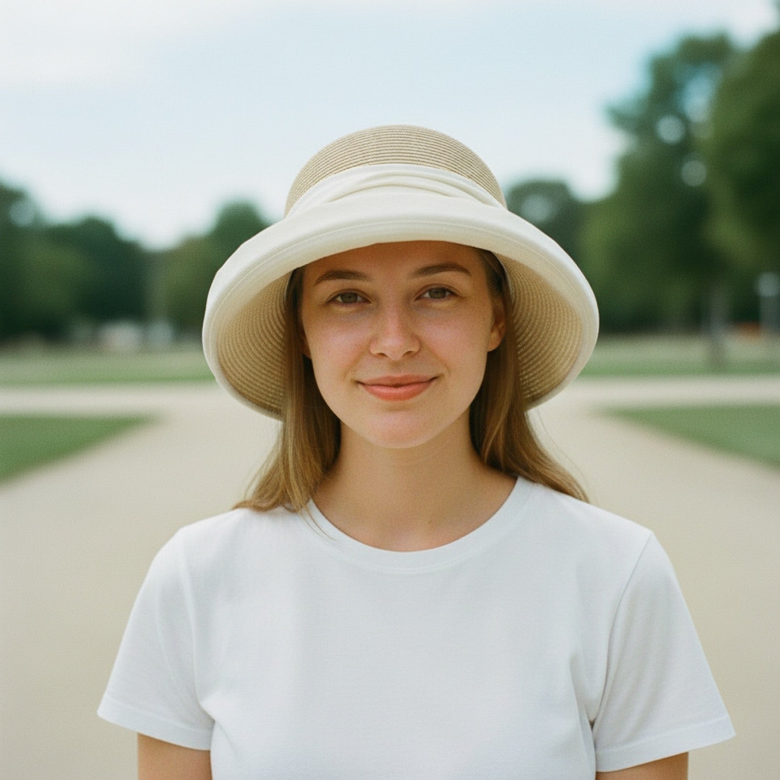 Straw Linen Sun Hat - Front View on Model