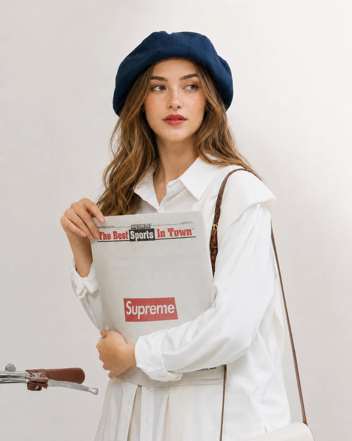 Woman in navy linen French beret holding a newspaper