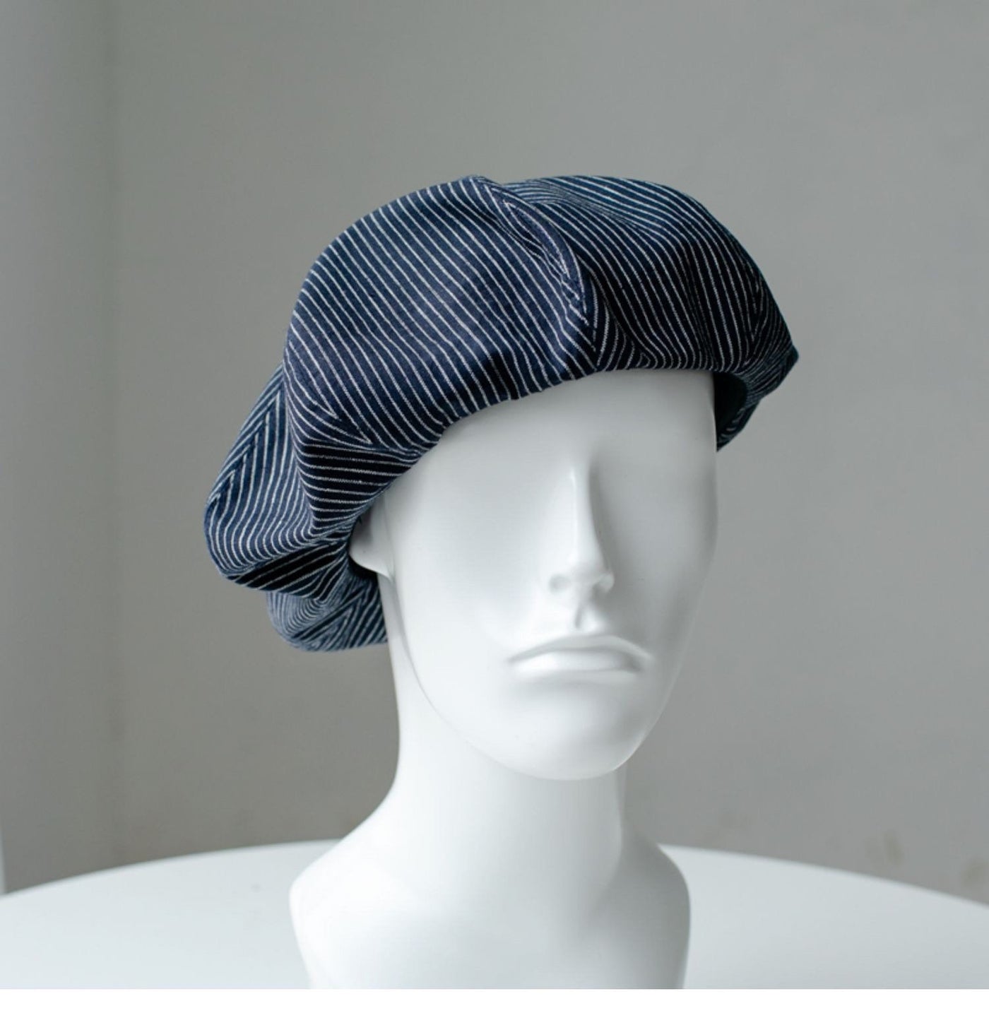 Oversized linen French beret for women – Navy Stripe, front view