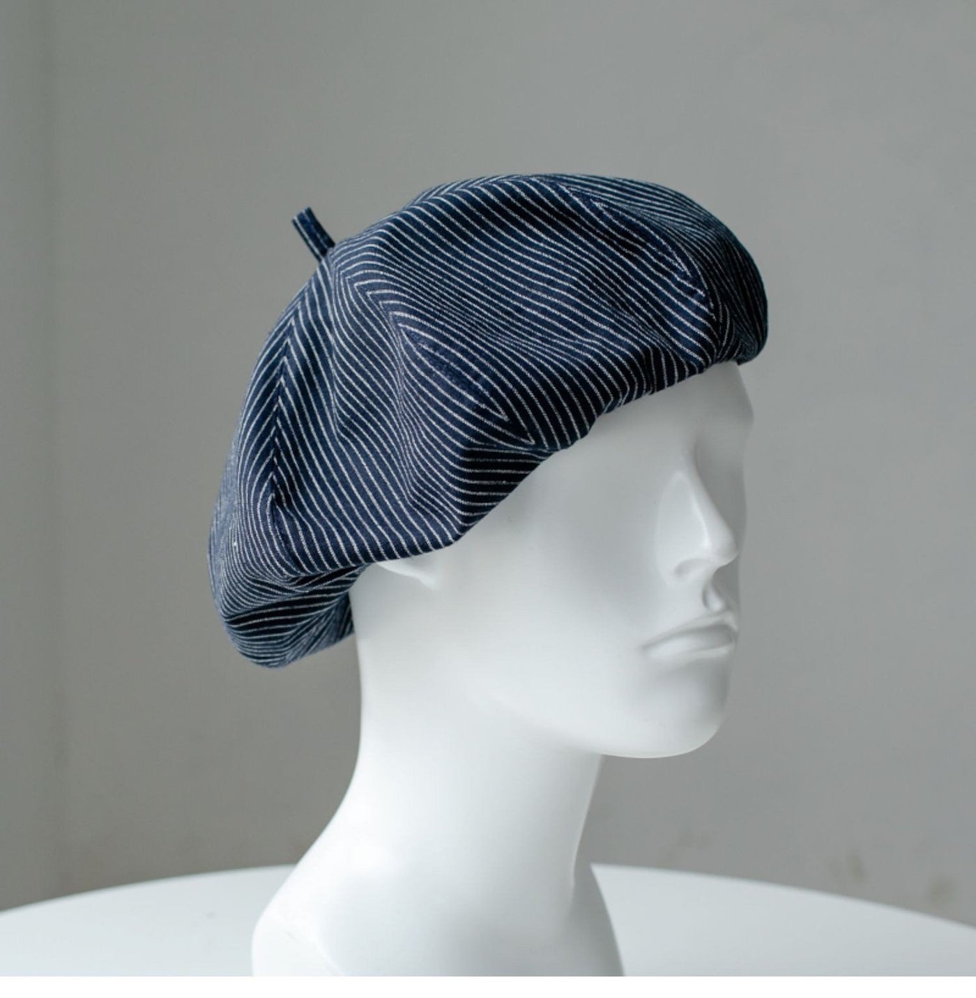 Oversized linen French beret for women – Navy Stripe, side view