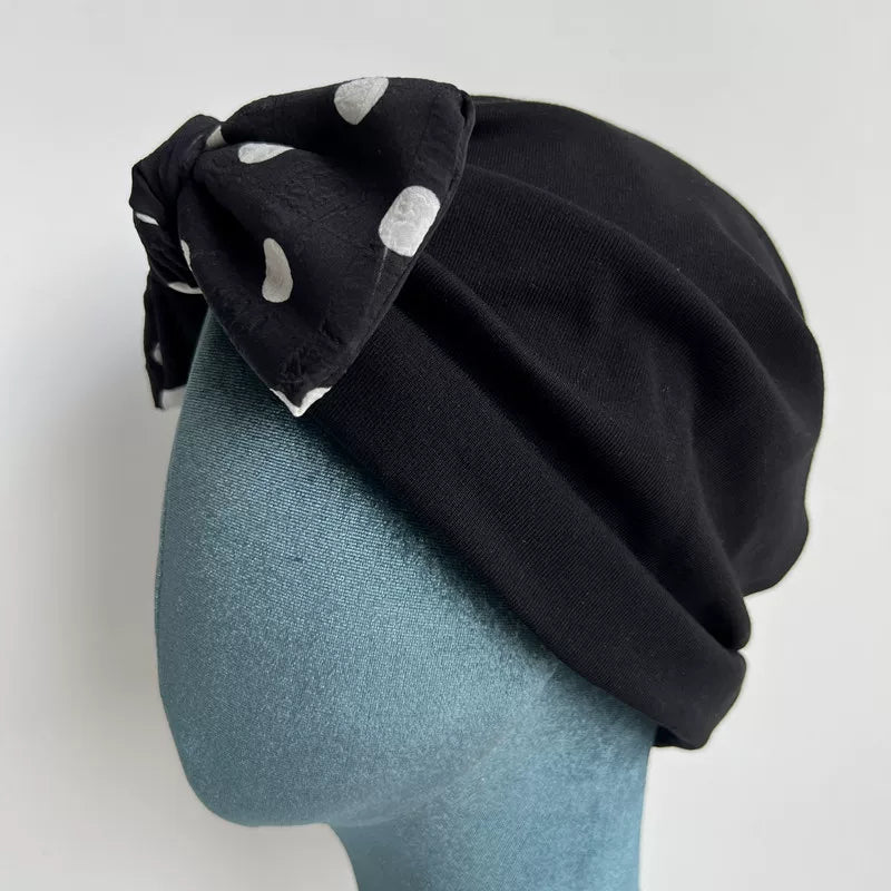 Black modal cotton turban hair wrap with a black polka dot bow